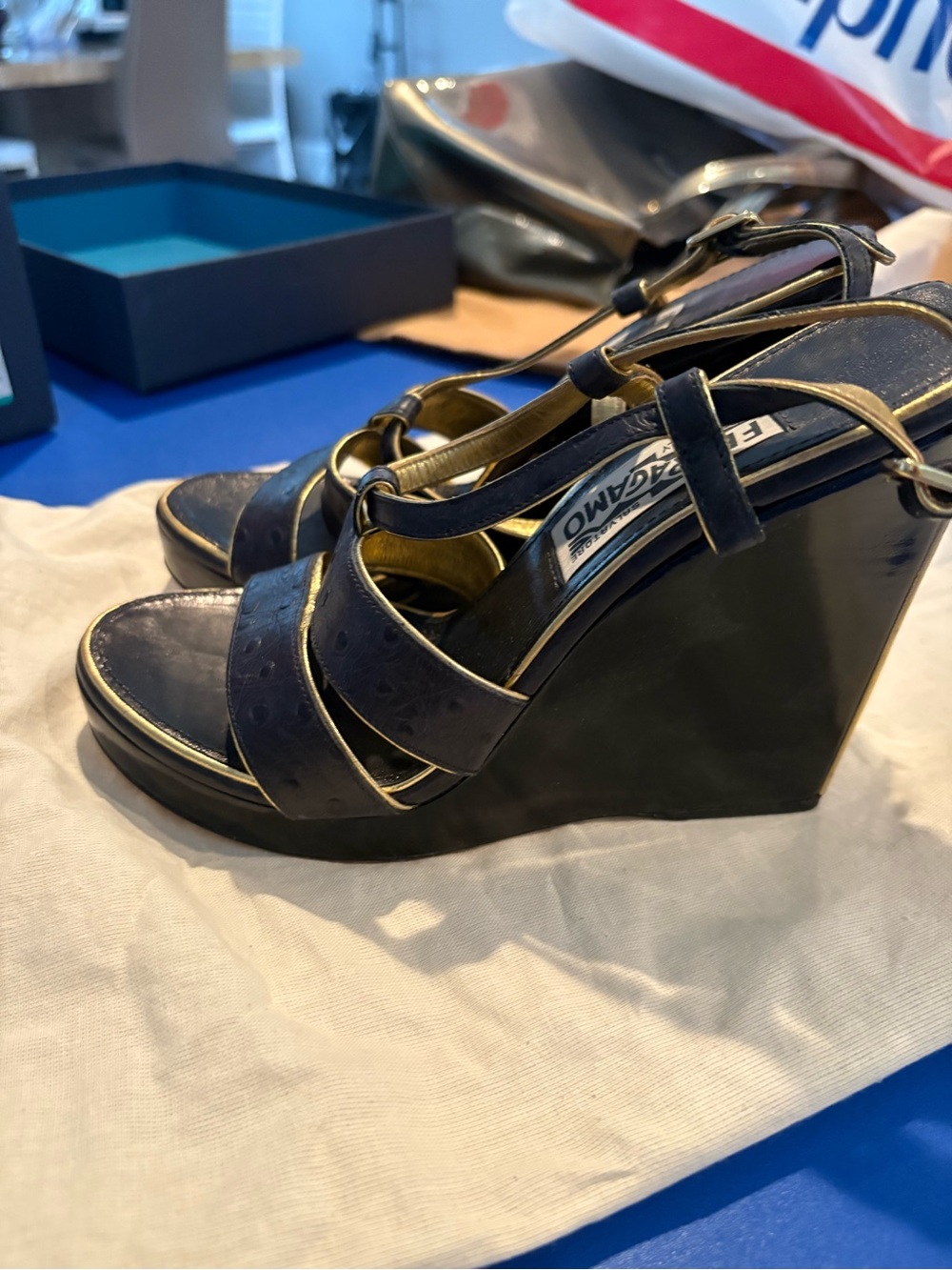 Salvatore Ferragamo Navy and Gold Leather Wedge Sandals